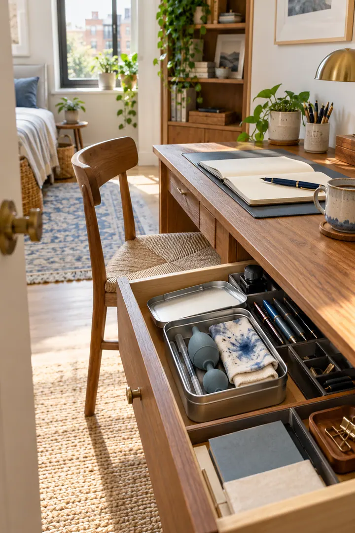 Clean Photo of fountain pen cleaning kit tin in Desk drawer showing use one washable tin.