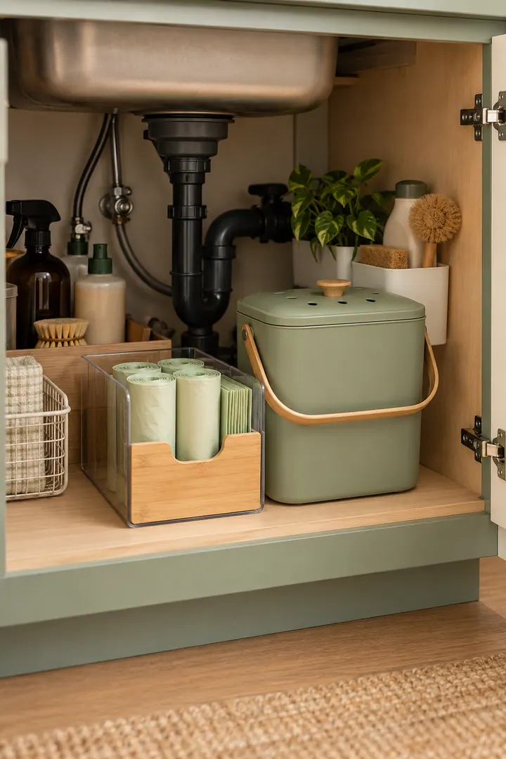 Detail/Lifestyle Photo of compost caddy liner refill roll in Under sink cabinet showing keep approved liners together.