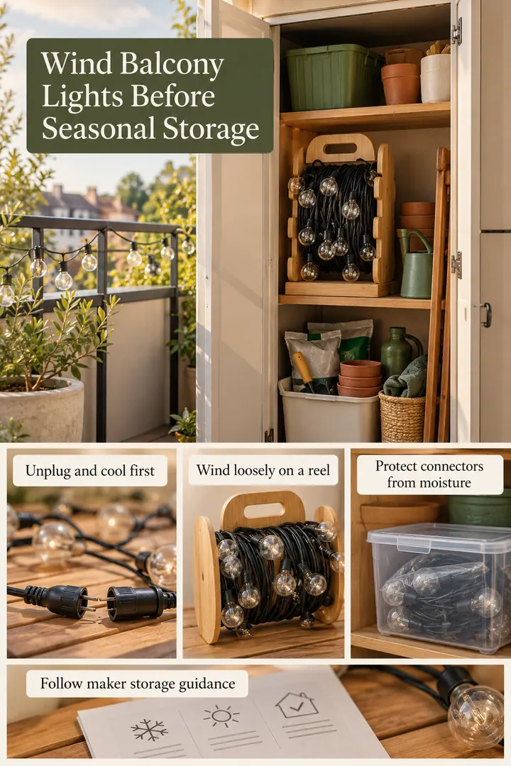 Editorial Educational Collage of balcony string light storage reel in Balcony cupboard showing unplug and cool first.