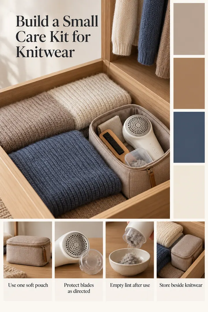 Color Palette Guide of knitwear depilling kit pouch in Wardrobe drawer showing use one soft pouch.
