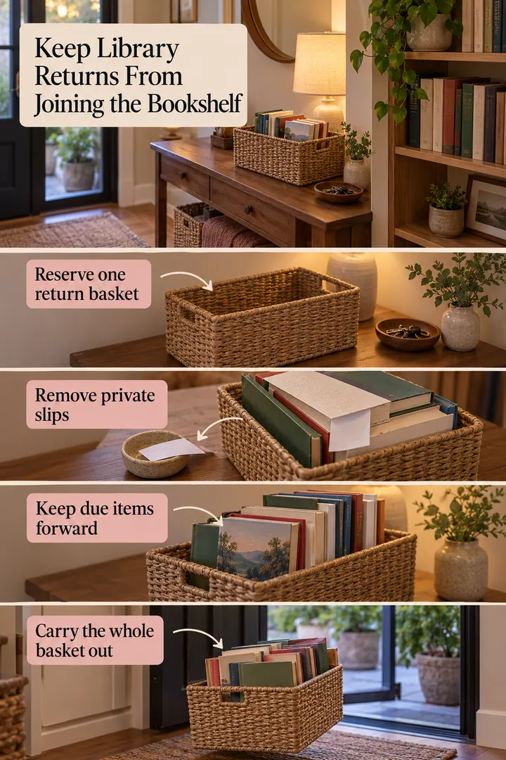 Room-by-Room Visual Guide of home library return basket in Entry console showing reserve one return basket.