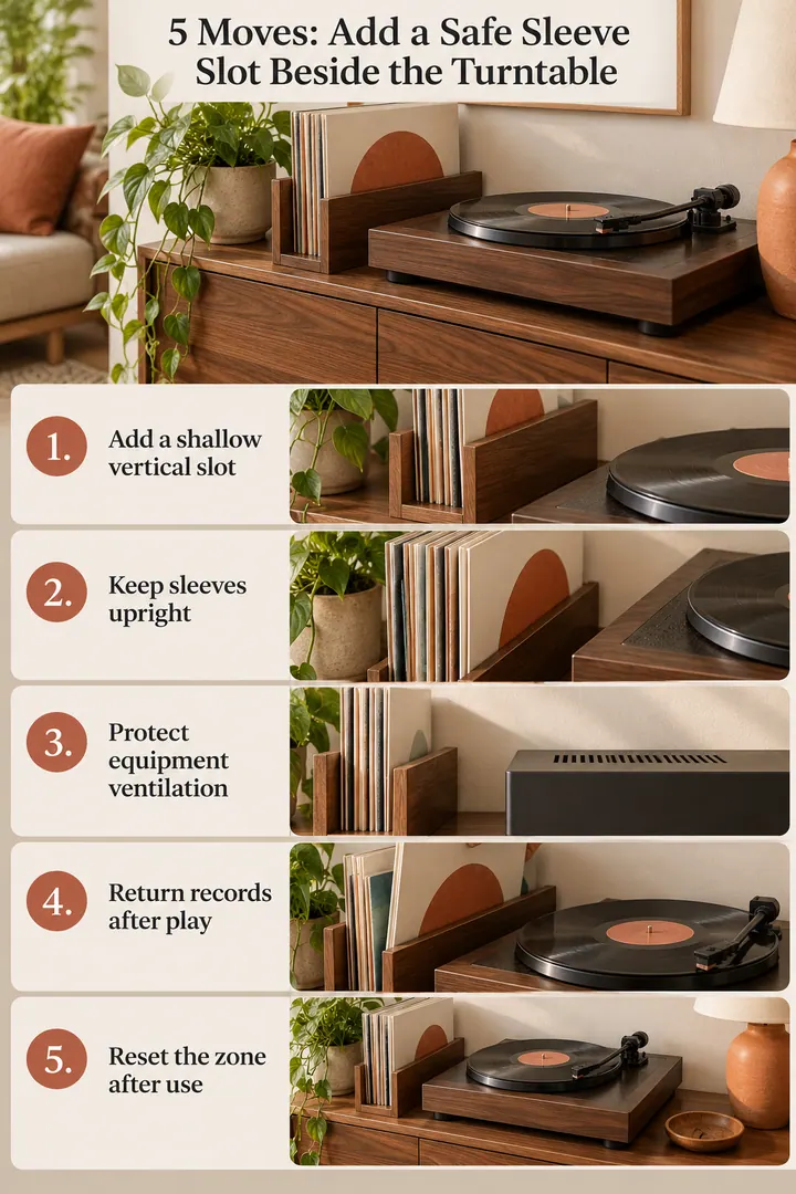 Numbered Ideas Infographic of record player sleeve landing in Compact living room music corner showing add a shallow vertical slot.