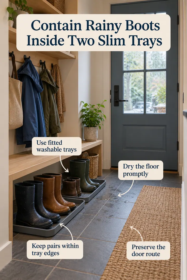 Annotated Educational Photo of tiny mudroom boot drip trays in Apartment entry recess showing use fitted washable trays.