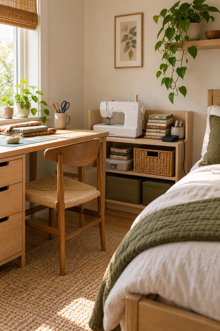 Clean Photo of bedroom sewing machine landing in Compact bedroom desk showing reserve a low stable shelf.