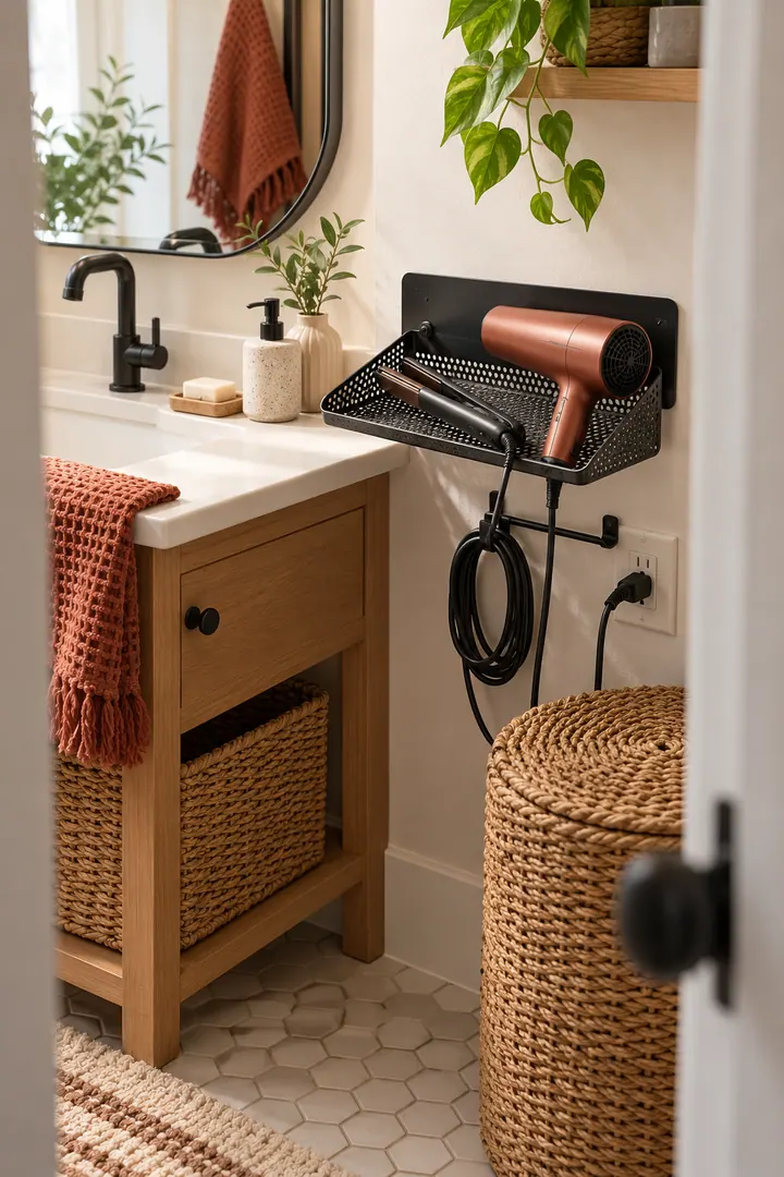 Detail/Lifestyle Photo of bathroom hair tool cooling zone in Small bathroom vanity showing use a heat-suitable surface.