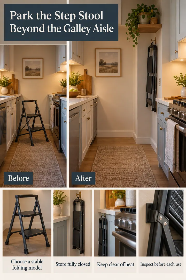 Editorial Educational Collage of kitchen step stool parking slot in Galley kitchen end wall showing choose a stable folding model.