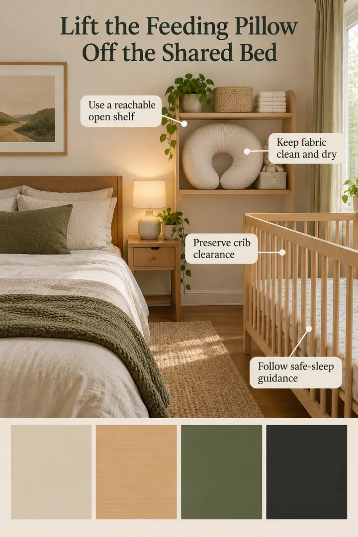 Color Palette Guide of nursery feeding pillow shelf in Shared bedroom nursery corner showing use a reachable open shelf.