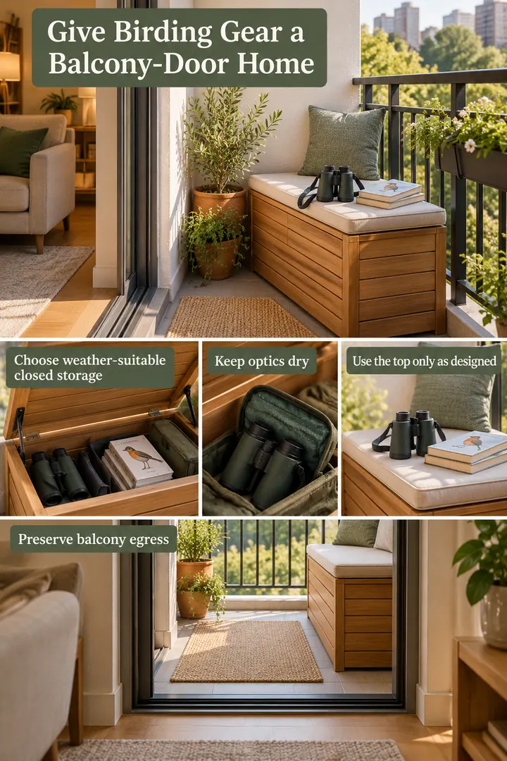 Room-by-Room Visual Guide of balcony birding gear stool box in Small balcony showing choose weather-suitable closed storage.