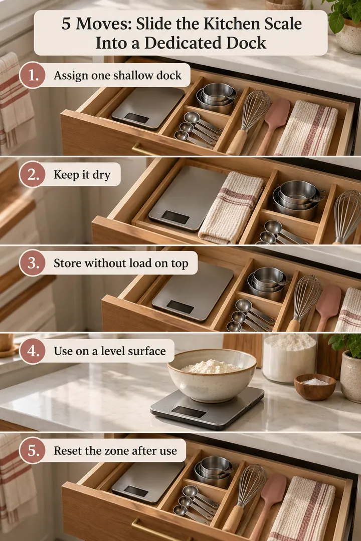 Numbered Ideas Infographic of kitchen grocery scale drawer dock in Tiny kitchen prep zone showing assign one shallow dock.