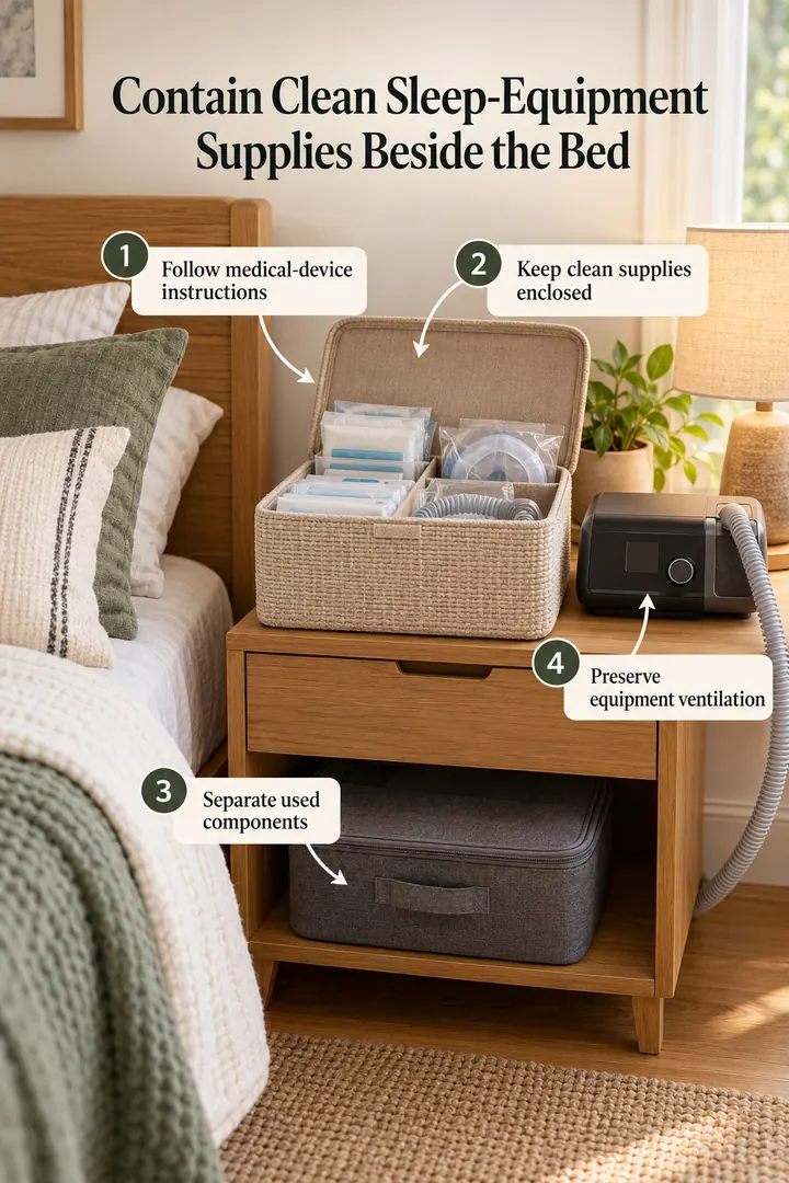 Annotated Educational Photo of bedroom CPAP supply closed basket in Compact bedroom bedside showing follow medical-device instructions.