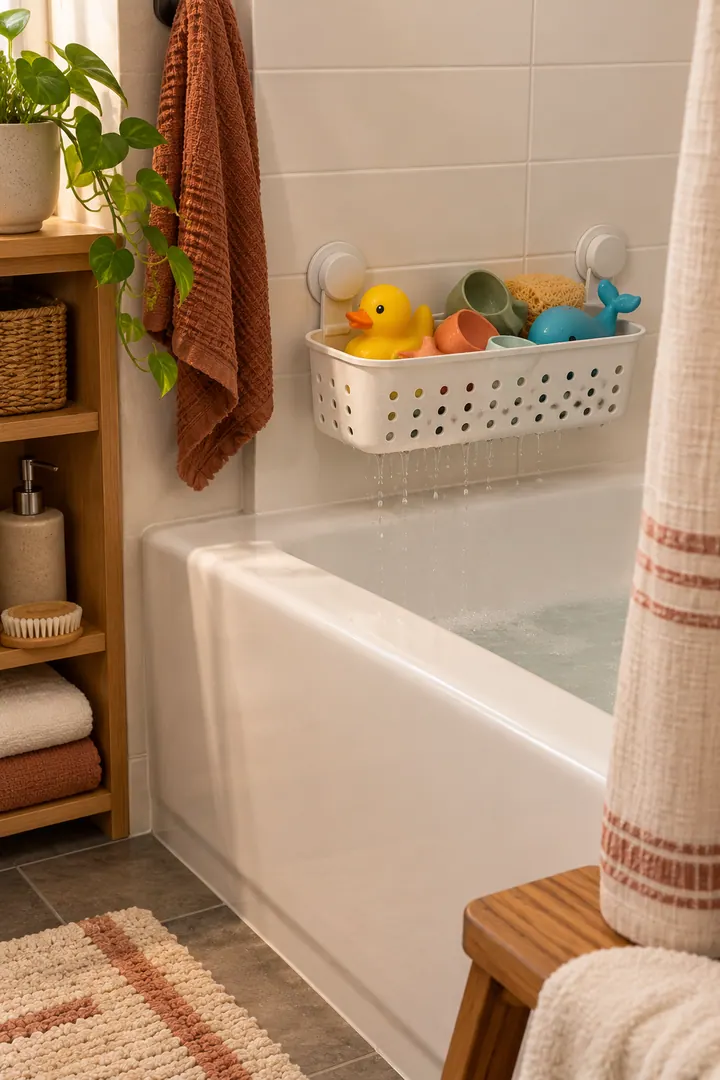 Clean Photo of bathroom bath toy drain shelf in Small family bathroom showing choose a draining container.