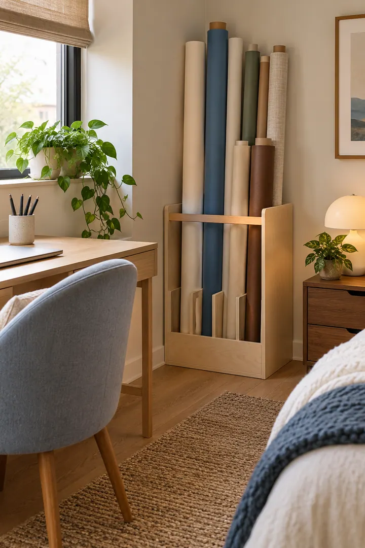 Detail/Lifestyle Photo of home office backdrop roll storage in Bedroom video-call nook showing store rolls upright in support.