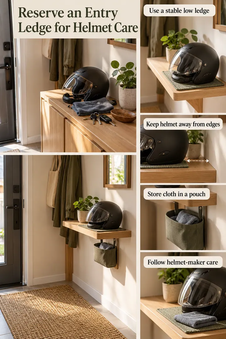 Editorial Educational Collage of entry helmet visor care ledge in Narrow apartment entry showing use a stable low ledge.