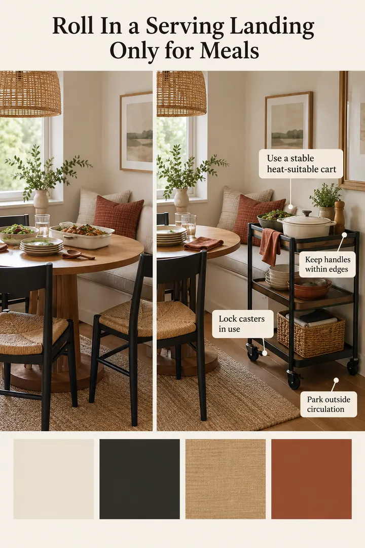 Color Palette Guide of dining nook hot dish landing cart in Compact dining nook showing use a stable heat-suitable cart.