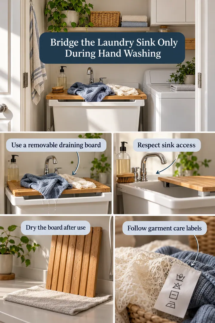 Room-by-Room Visual Guide of laundry hand wash basin board in Laundry closet sink showing use a removable draining board.