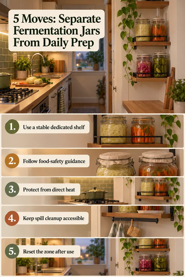 Numbered Ideas Infographic of kitchen fermentation jar shadow shelf in Galley kitchen wall edge showing use a stable dedicated shelf.