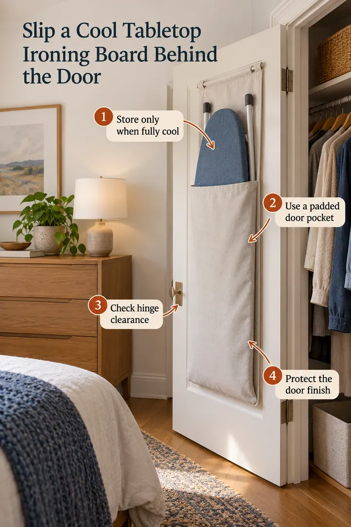 Annotated Educational Photo of bedroom ironing board door pocket in Small bedroom wardrobe showing store only when fully cool.
