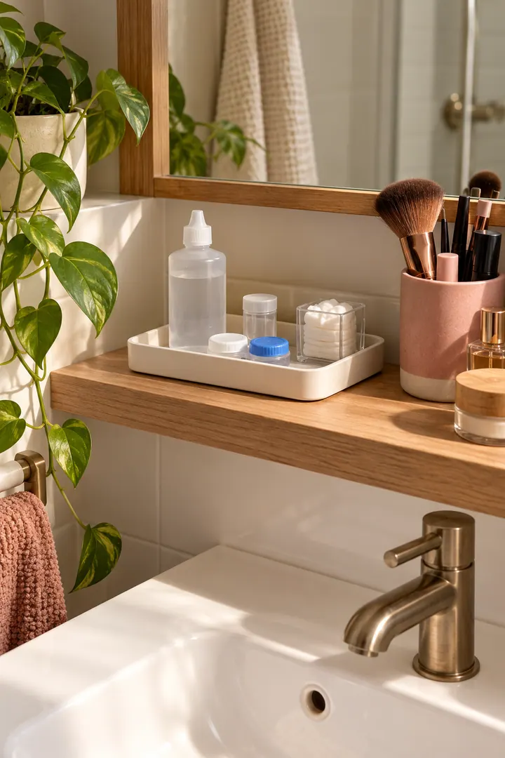 Clean Photo of bathroom contact lens routine tray in Tiny bathroom shelf showing follow eye-care instructions.
