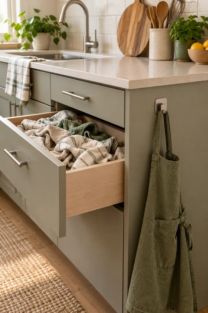 Detail/Lifestyle Photo of adhesive clip apron loop in Rental kitchen cabinet side showing confirm an approved surface.