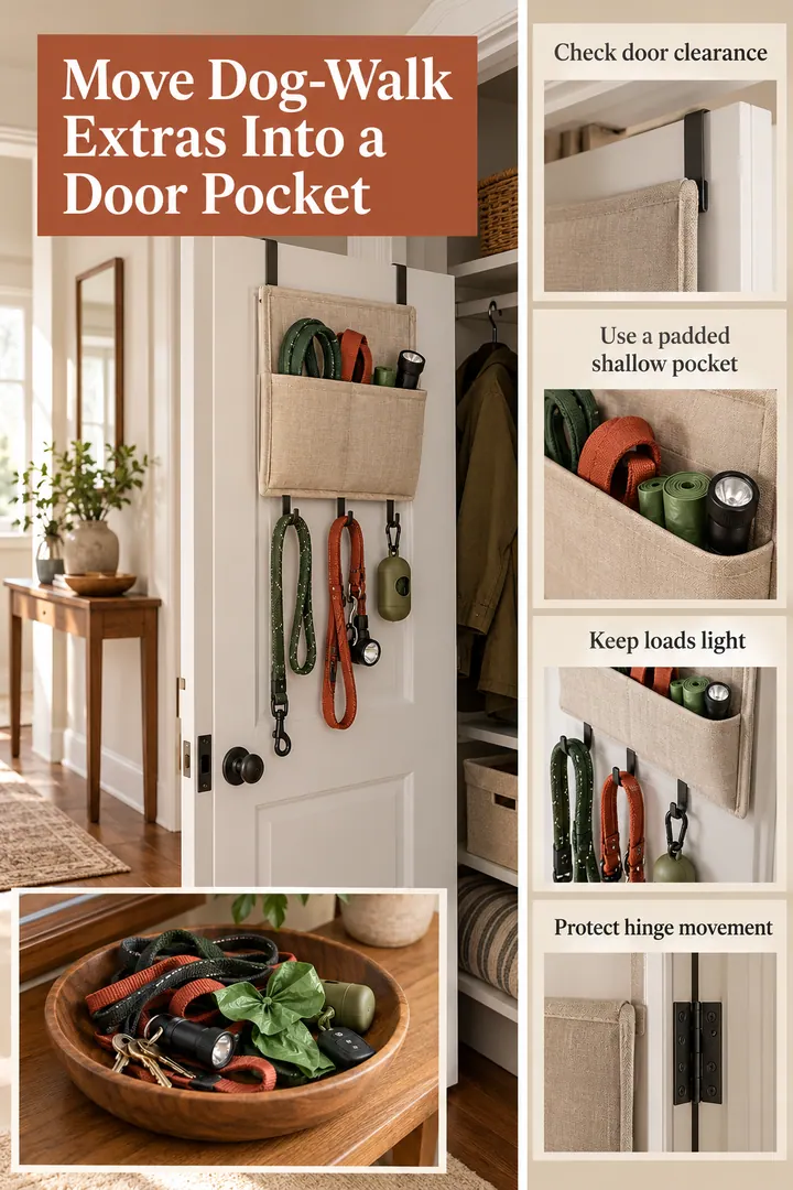 Editorial Educational Collage of over door pet leash pocket in Rental entry closet door showing check door clearance.