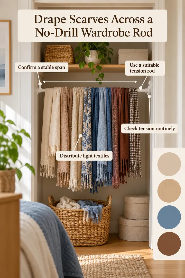 Color Palette Guide of tension rod scarf waterfall in Rental wardrobe alcove showing confirm a stable span.