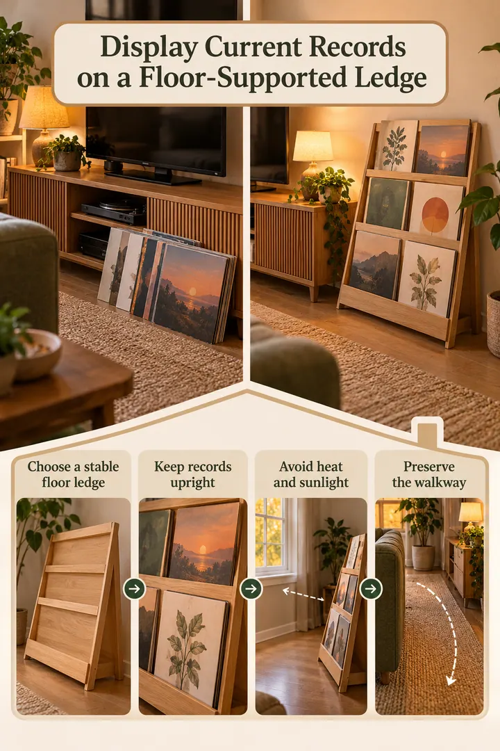 Room-by-Room Visual Guide of freestanding record display ledge in Rental living room showing choose a stable floor ledge.