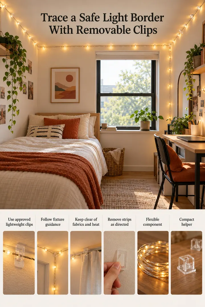 Budget Decor Catalog of removable clip fairy light border in Rental bedroom showing use approved lightweight clips.