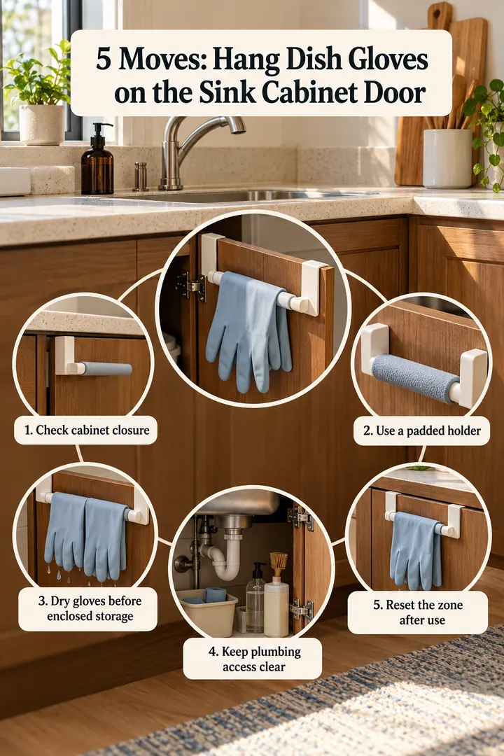 Numbered Ideas Infographic of over cabinet dish glove holder in Rental kitchen sink cabinet showing check cabinet closure.