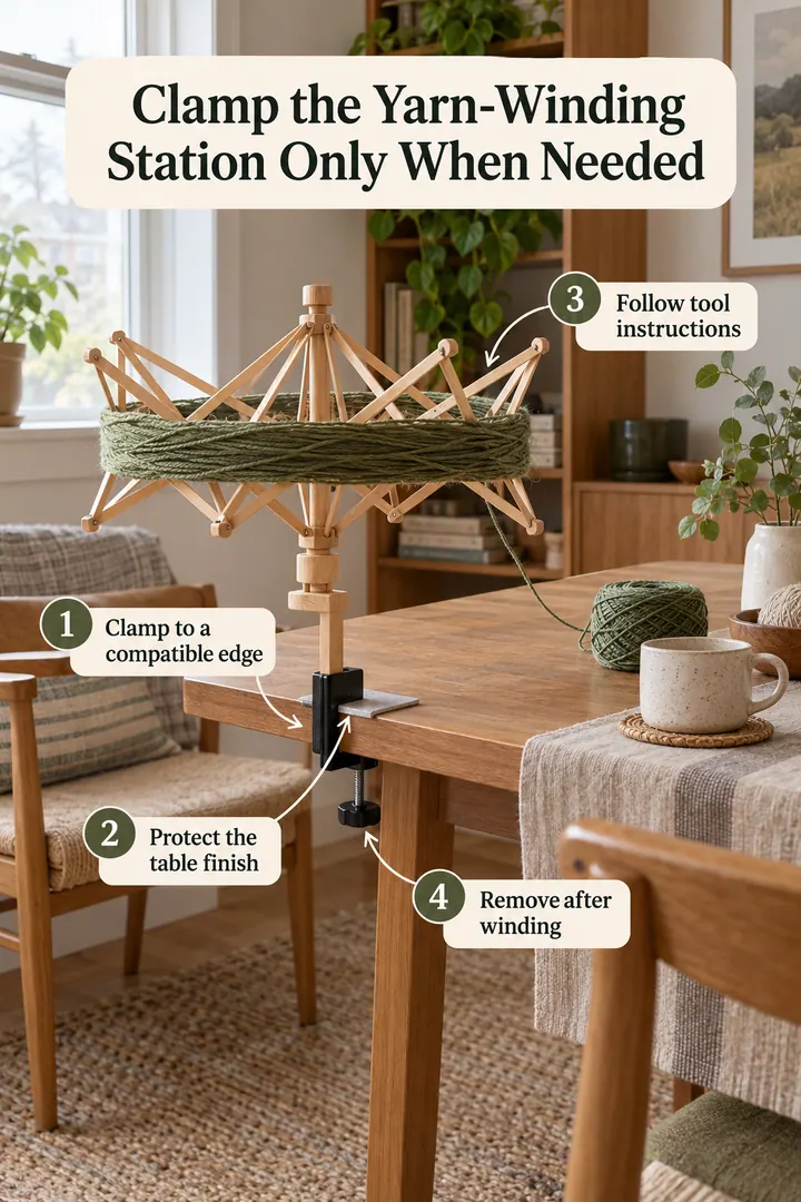 Annotated Educational Photo of clamp on yarn swift station in Rental dining table showing clamp to a compatible edge.