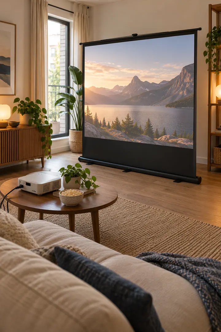 Detail/Lifestyle Photo of freestanding projector screen roll in Rental living room showing choose a stable floor-supported screen.