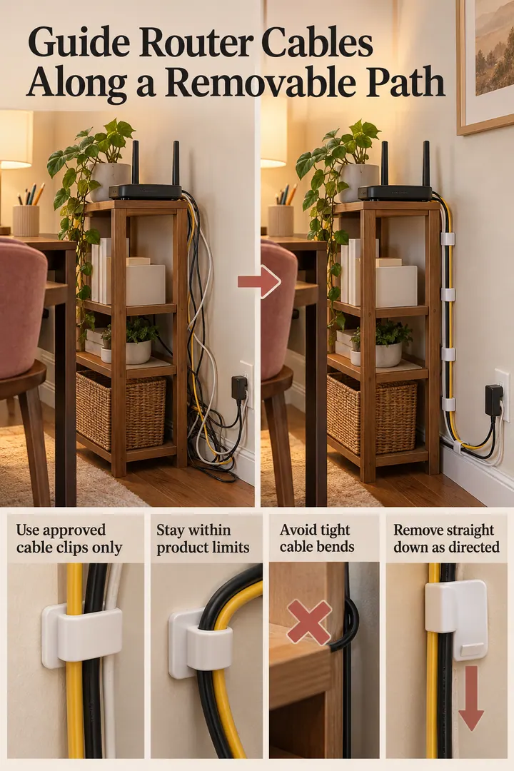 Editorial Educational Collage of adhesive cable loop router shelf in Rental home office showing use approved cable clips only.