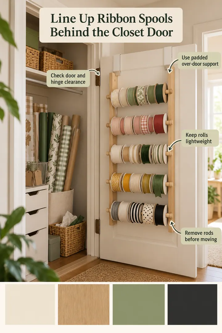 Color Palette Guide of over door wrapping ribbon rods in Rental hobby closet showing check door and hinge clearance.