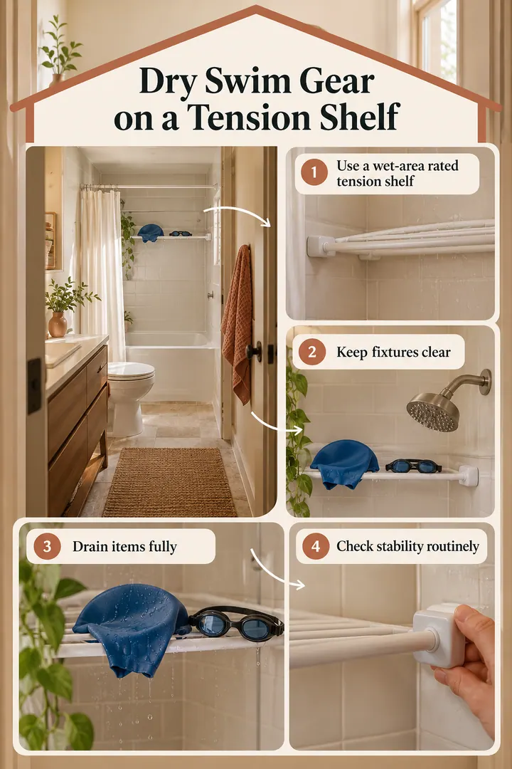 Room-by-Room Visual Guide of tension shelf shower cap station in Rental bathroom showing use a wet-area rated tension shelf.