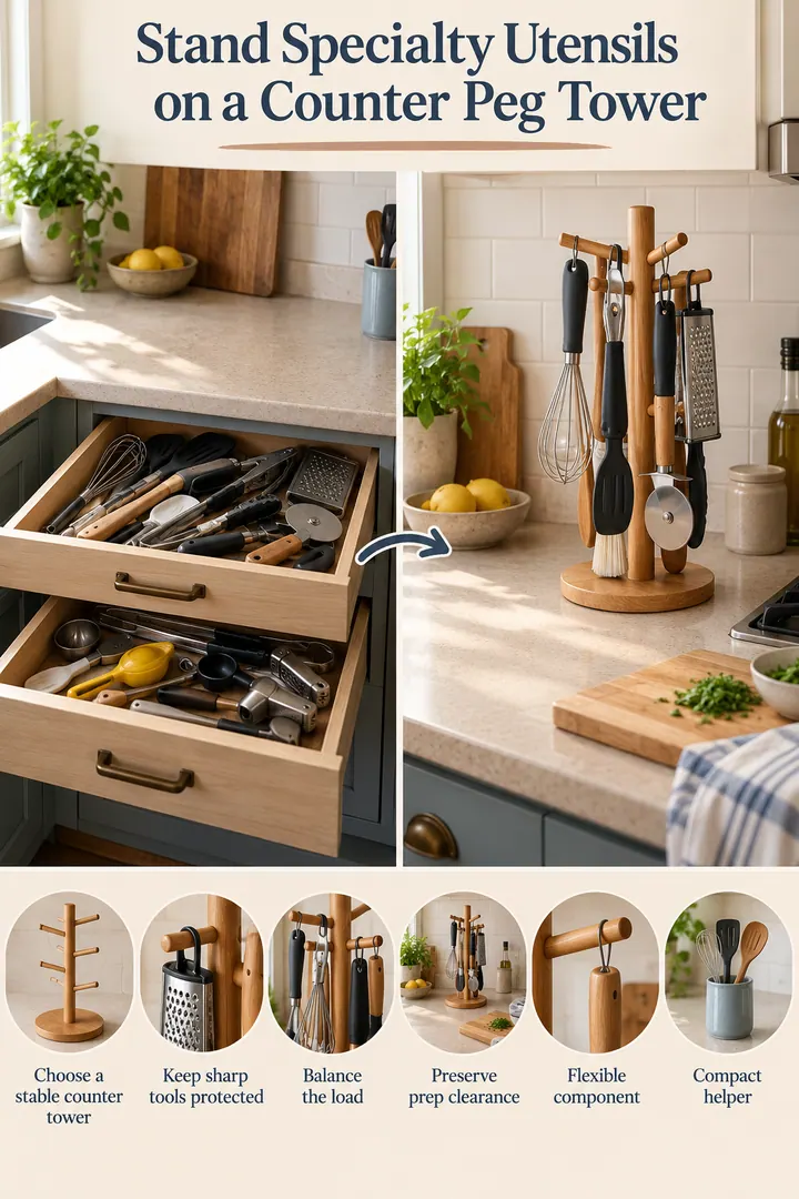 Budget Decor Catalog of countertop utensil peg tower in Rental kitchen showing choose a stable counter tower.