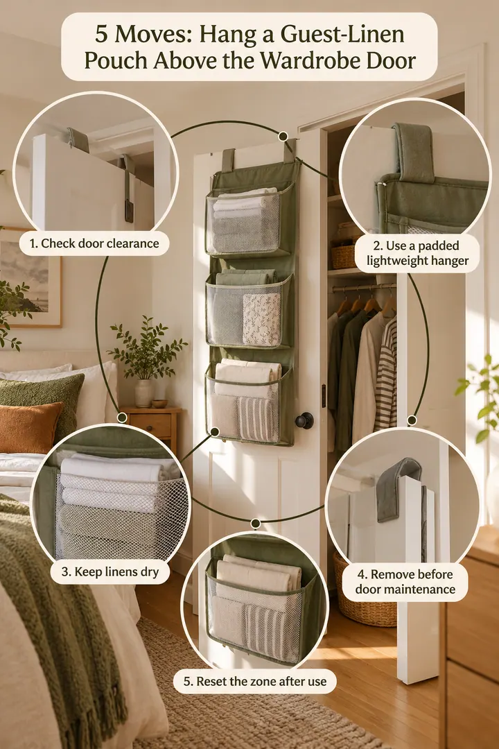 Numbered Ideas Infographic of door top hanger guest linens in Rental studio wardrobe showing check door clearance.