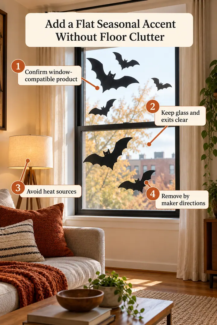 Annotated Educational Photo of removable seasonal window silhouette in Rental living room window showing confirm window-compatible product.