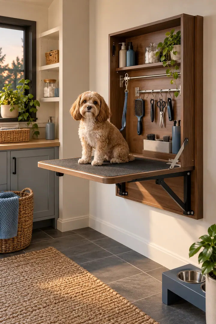 Clean Photo of folding pet grooming table cabinet in Utility nook showing choose a purpose-built folding unit.