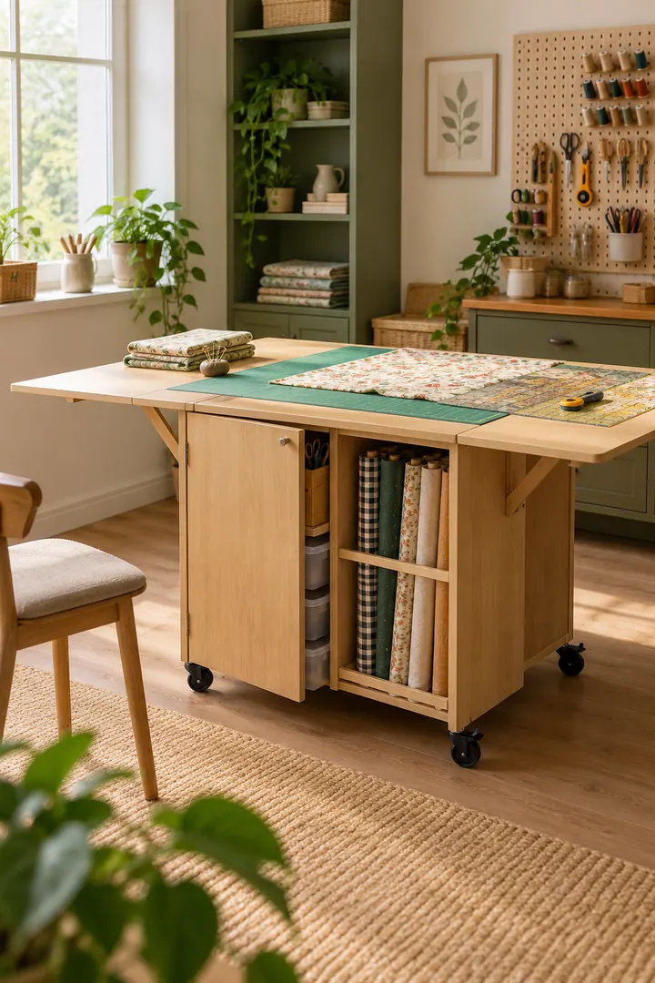 Detail/Lifestyle Photo of rolling sewing cutting leaf cabinet in Hobby corner showing choose locking casters.