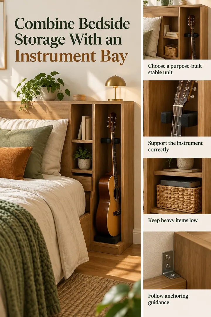 Editorial Educational Collage of storage headboard instrument stand in Small bedroom showing choose a purpose-built stable unit.