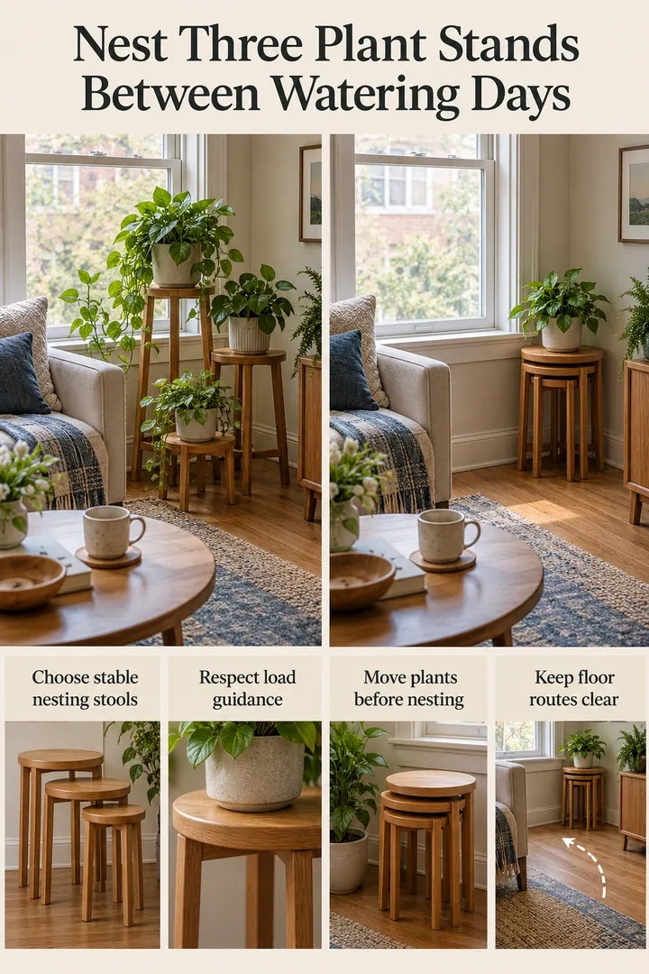 Room-by-Room Visual Guide of nesting plant stool trio in Small living room window showing choose stable nesting stools.