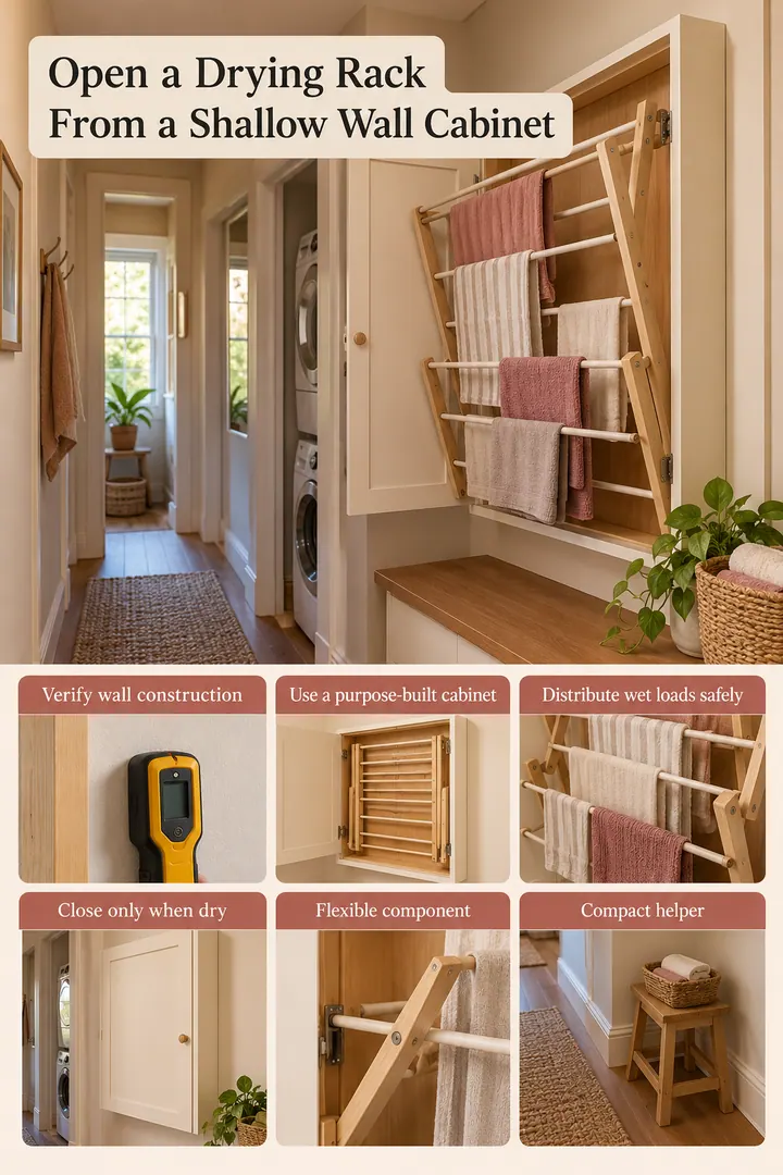 Budget Decor Catalog of folding wall drying cabinet in Laundry nook showing verify wall construction.
