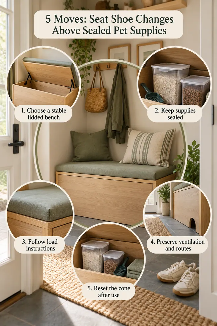 Numbered Ideas Infographic of lift top bench litter supply storage in Entry utility nook showing choose a stable lidded bench.