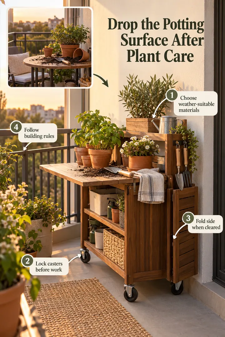 Annotated Educational Photo of drop side balcony potting cart in Small balcony showing choose weather-suitable materials.