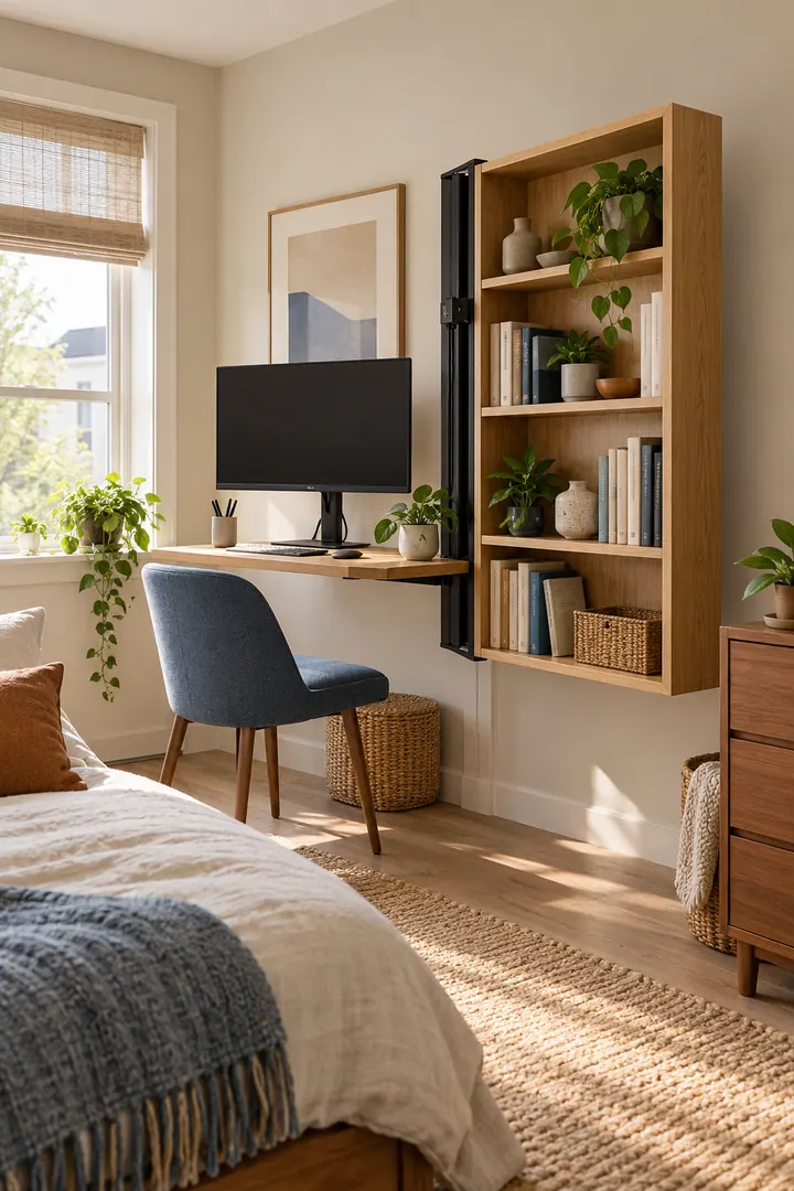 Clean Photo of swivel monitor bookshelf desk in Bedroom office wall showing choose a purpose-built rotating unit.
