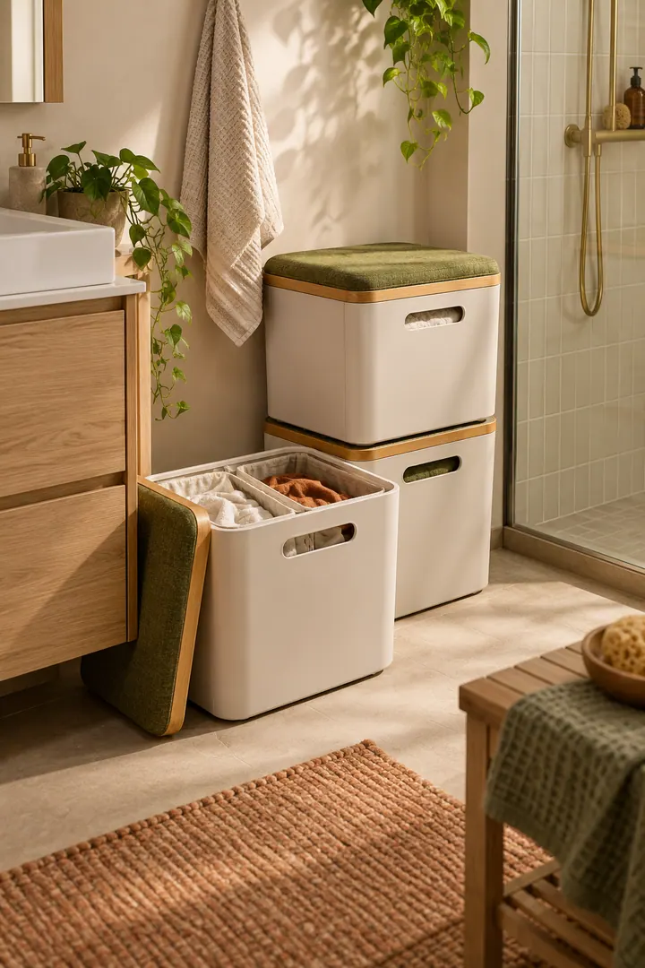 Detail/Lifestyle Photo of stacking hamper stool set in Bathroom laundry corner showing use products designed for both roles.