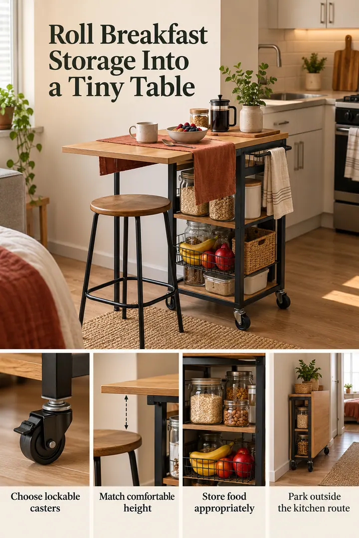 Editorial Educational Collage of rolling pantry breakfast table in Studio kitchen edge showing choose lockable casters.