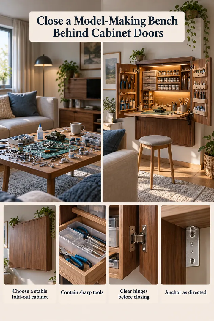 Room-by-Room Visual Guide of fold out model making cabinet in Living room hobby wall showing choose a stable fold-out cabinet.