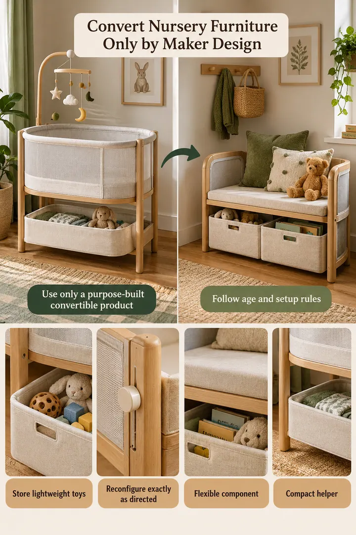 Budget Decor Catalog of convertible bassinet toy bench in Nursery corner showing use only a purpose-built convertible product.