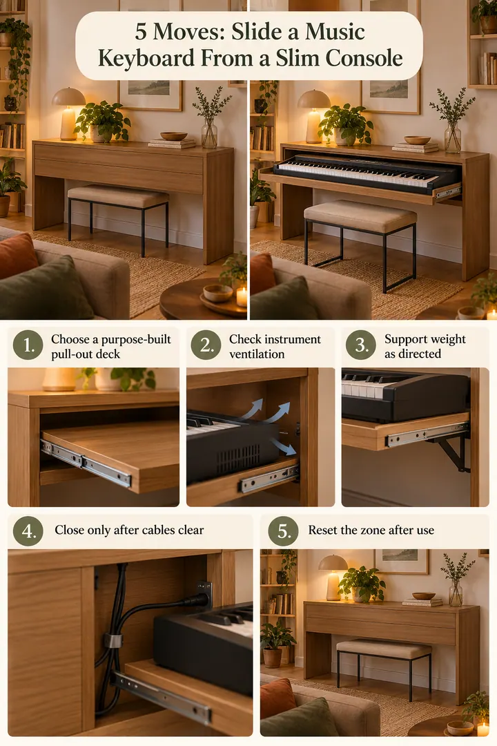 Numbered Ideas Infographic of pull out keyboard desk console in Living room music corner showing choose a purpose-built pull-out deck.