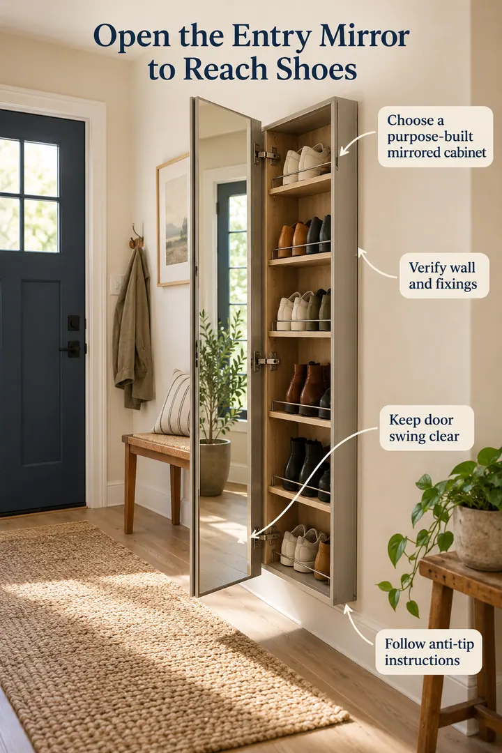 Annotated Educational Photo of hinged shoe mirror cabinet in Narrow entryway showing choose a purpose-built mirrored cabinet.